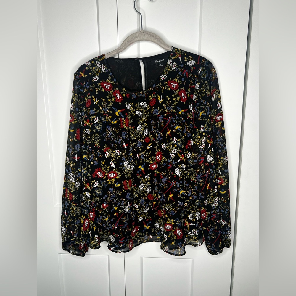 Madewell Black Floral Semi Sheer Flutter Ruffle Blouse Women's Size Medium